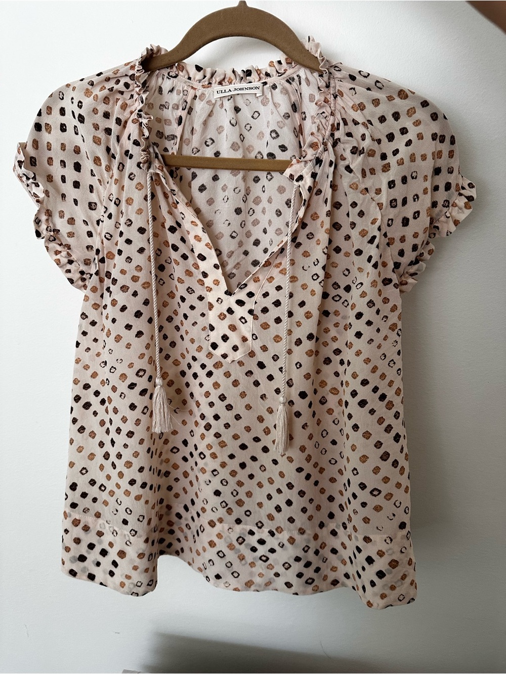 Ulla Johnson Cream Silk Top with Tan and brown Spot Print